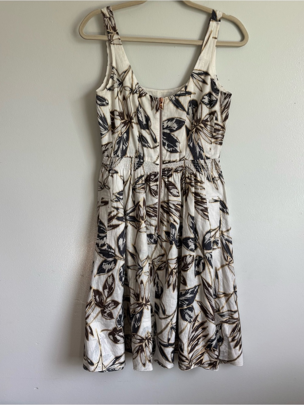 J.CREW Gold Foil Leaf Botanical Stretch Waist Front Zip Linen Dress 2 - Picture 6 of 9